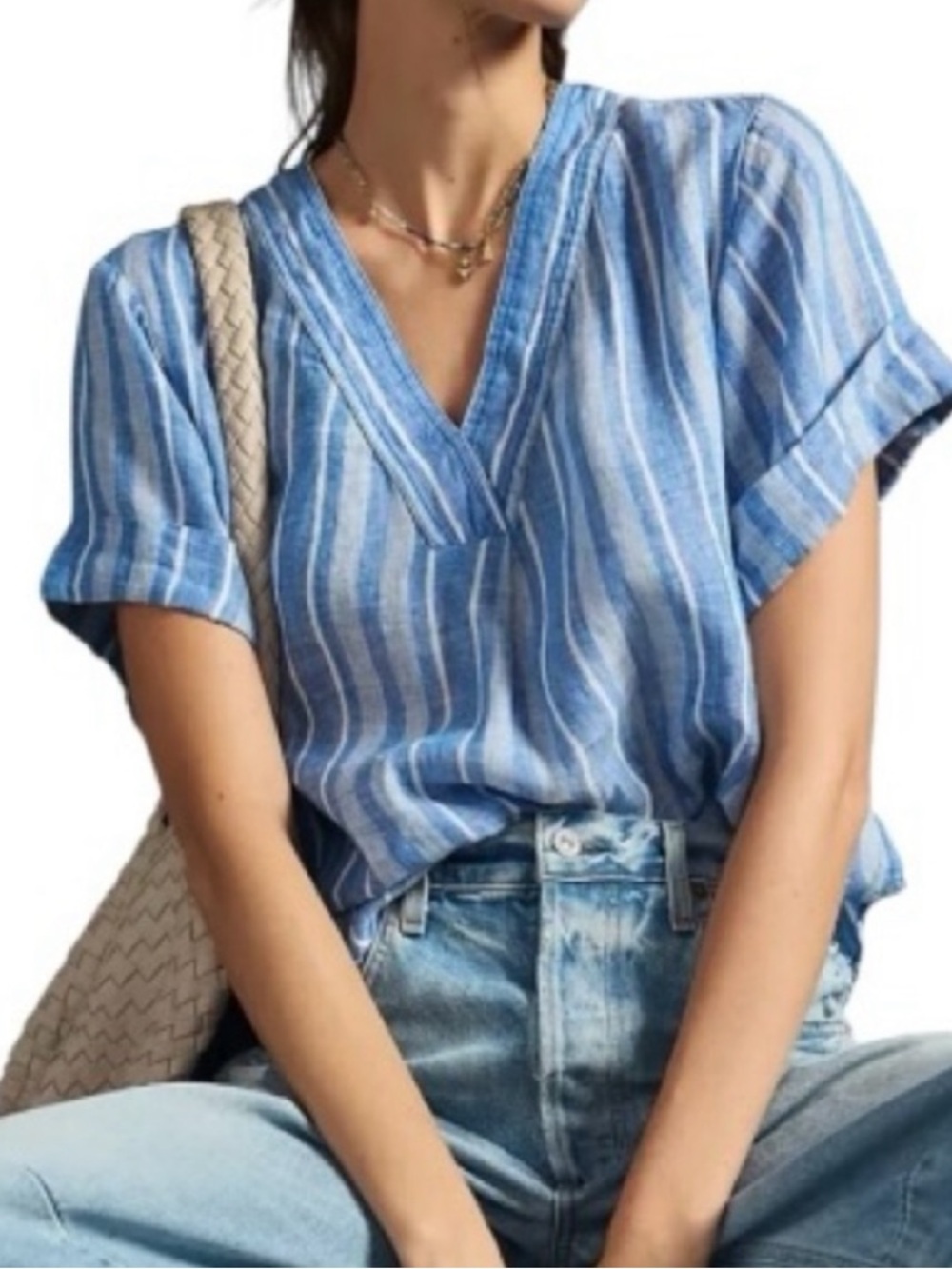 Pilcro Blue and White Striped Linen Blouse